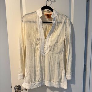 Tory Burch 3/4 Length Sleeve Cream & White Embroidered Tunic | Size 4